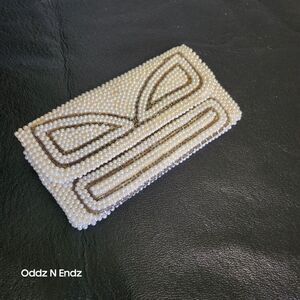 Vintage Beaded‎ White Pearl Evening Clutch Purse With Snap Closure